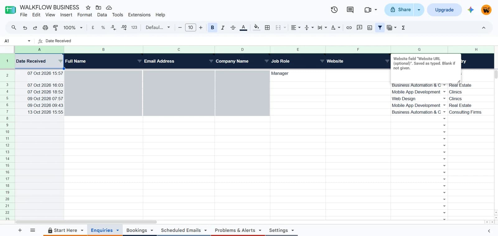 A Google Sheet logging each website enquiry with date, service and industry (names, emails and companies hidden)