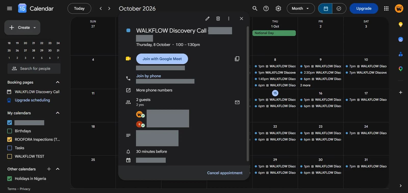A Google Calendar discovery call with a Google Meet link and reminders (guest details hidden)