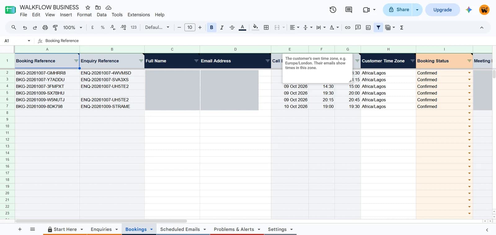 A Google Sheet of bookings with booking reference, enquiry reference, date, time, time zone and a Confirmed status (names, emails and links hidden)