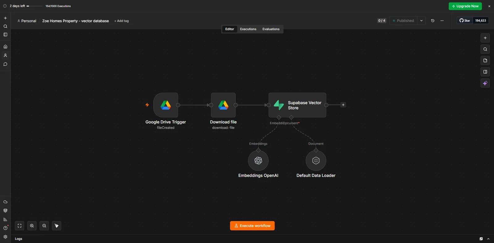 An n8n workflow that loads property documents from Google Drive into a vector store for the assistant to search