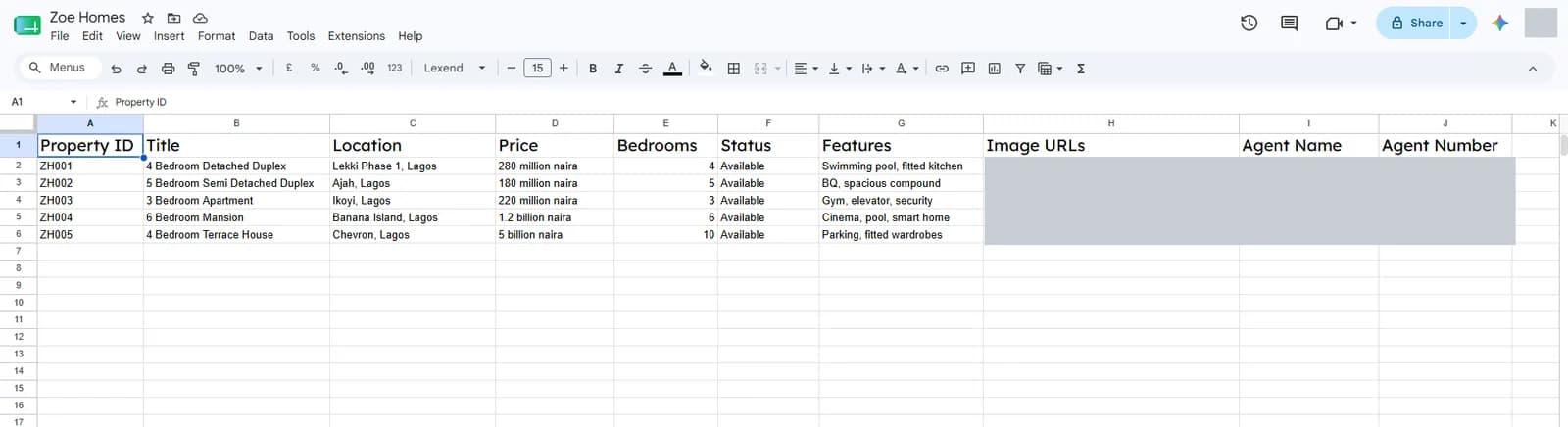 A Google Sheet listing properties with title, location, price, bedrooms, status and features (agent details and links hidden)