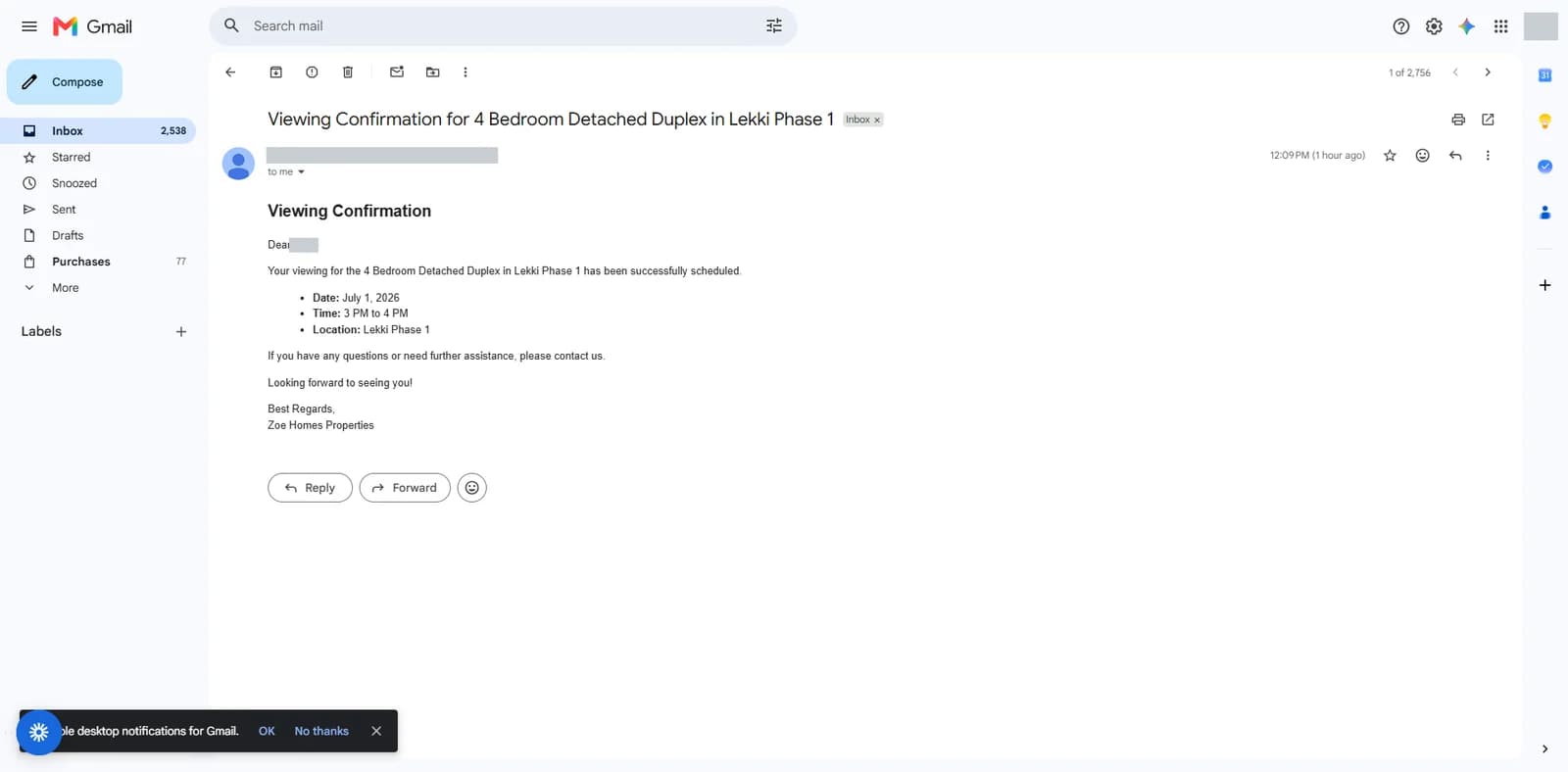 A viewing confirmation email with the property, date, time and location (personal details hidden)