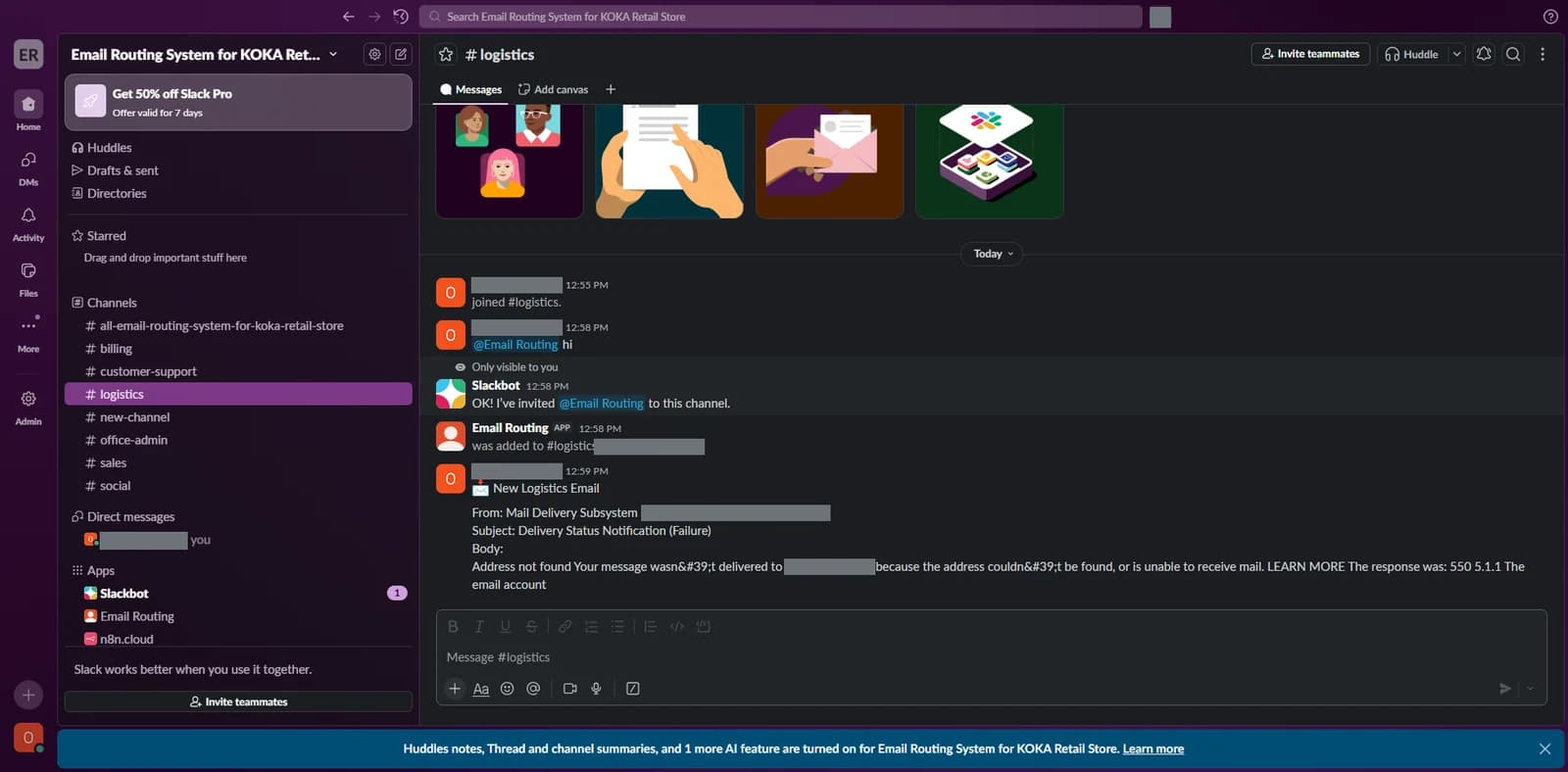 A Slack channel for the logistics team showing a notification about a new email (names and addresses hidden)