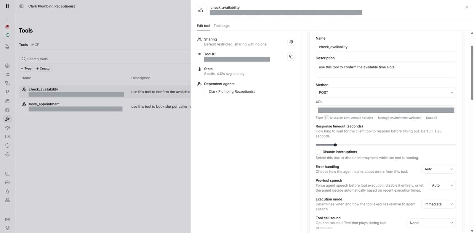 The ElevenLabs tools for the agent, check availability and book appointment, with their settings (connection addresses hidden)