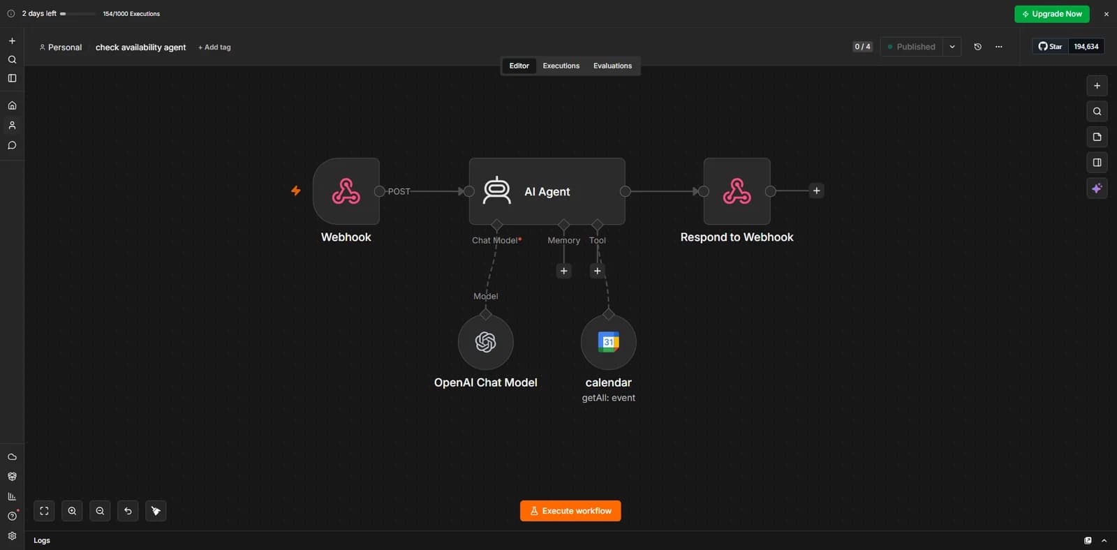 An n8n workflow that receives a webhook, uses an AI agent to read the calendar and responds with available times