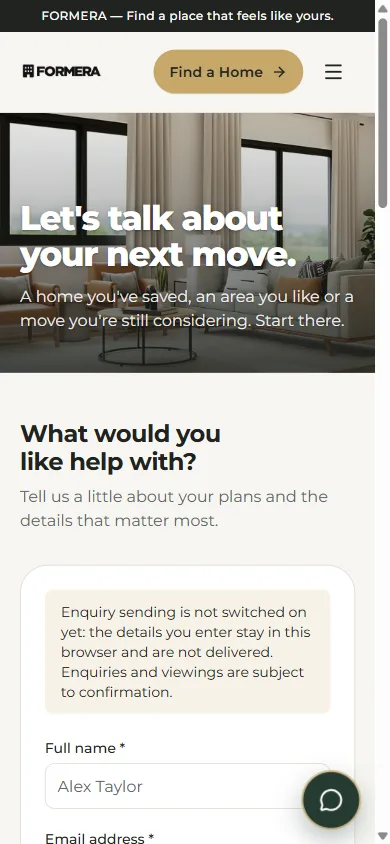 FORMERA enquiry form on mobile