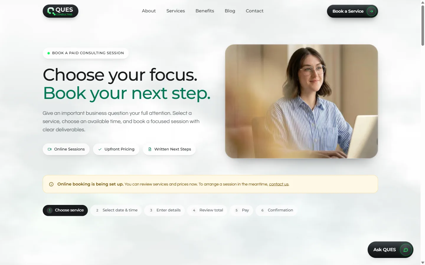 QUES Consulting booking entry screen