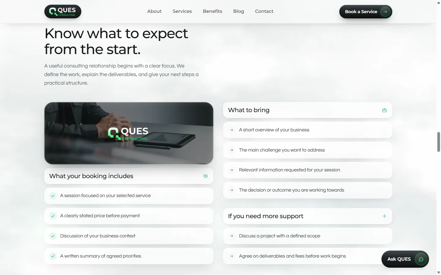 QUES Consulting booking expectations section