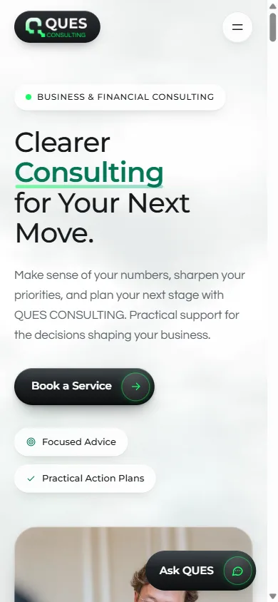 QUES Consulting homepage on mobile