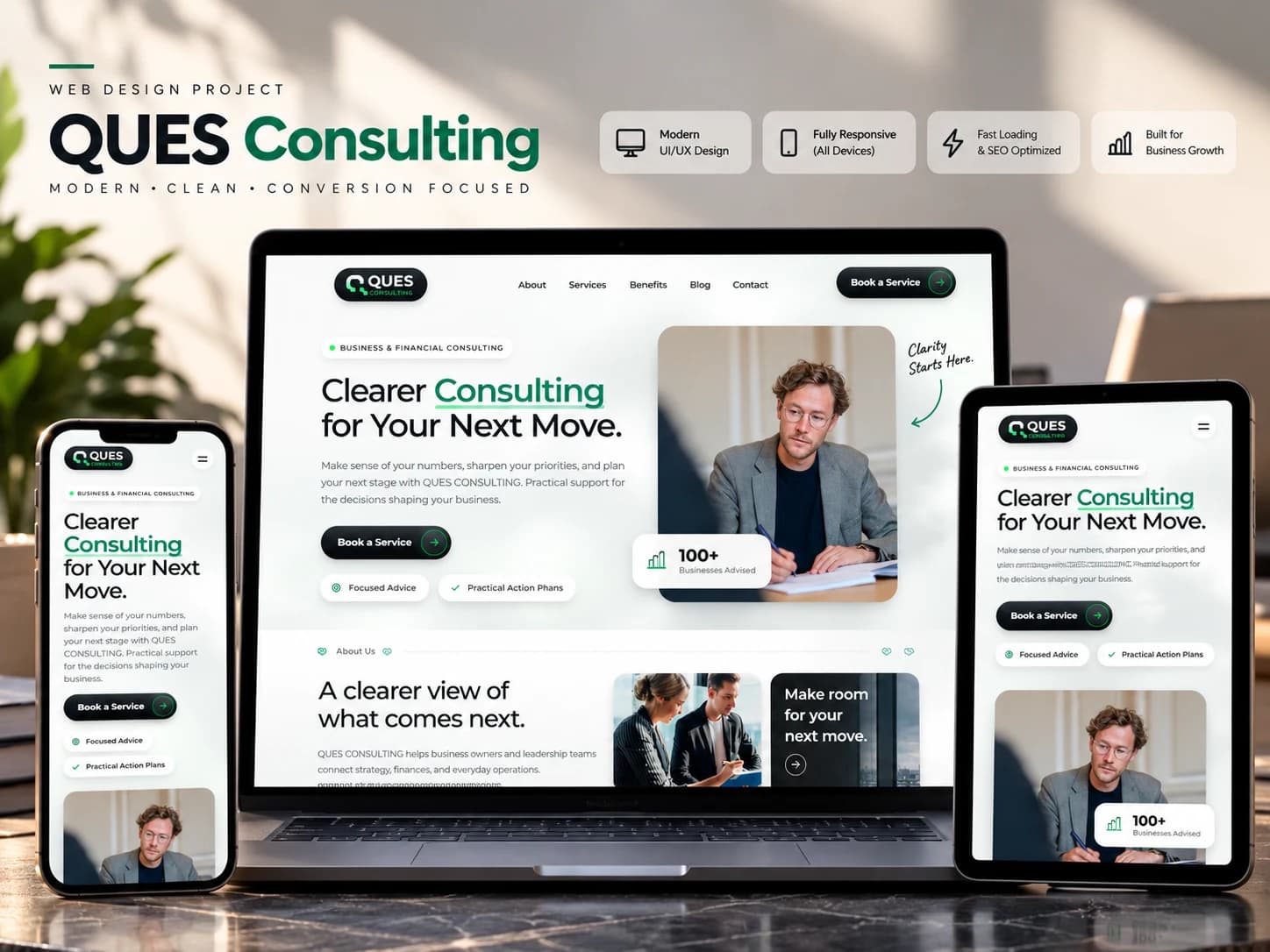 QUES Consulting website shown across desktop and mobile screens