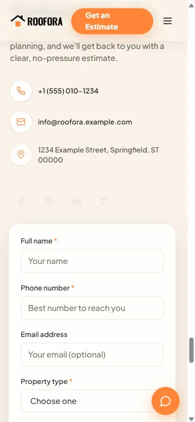 ROOFORA estimate form on mobile