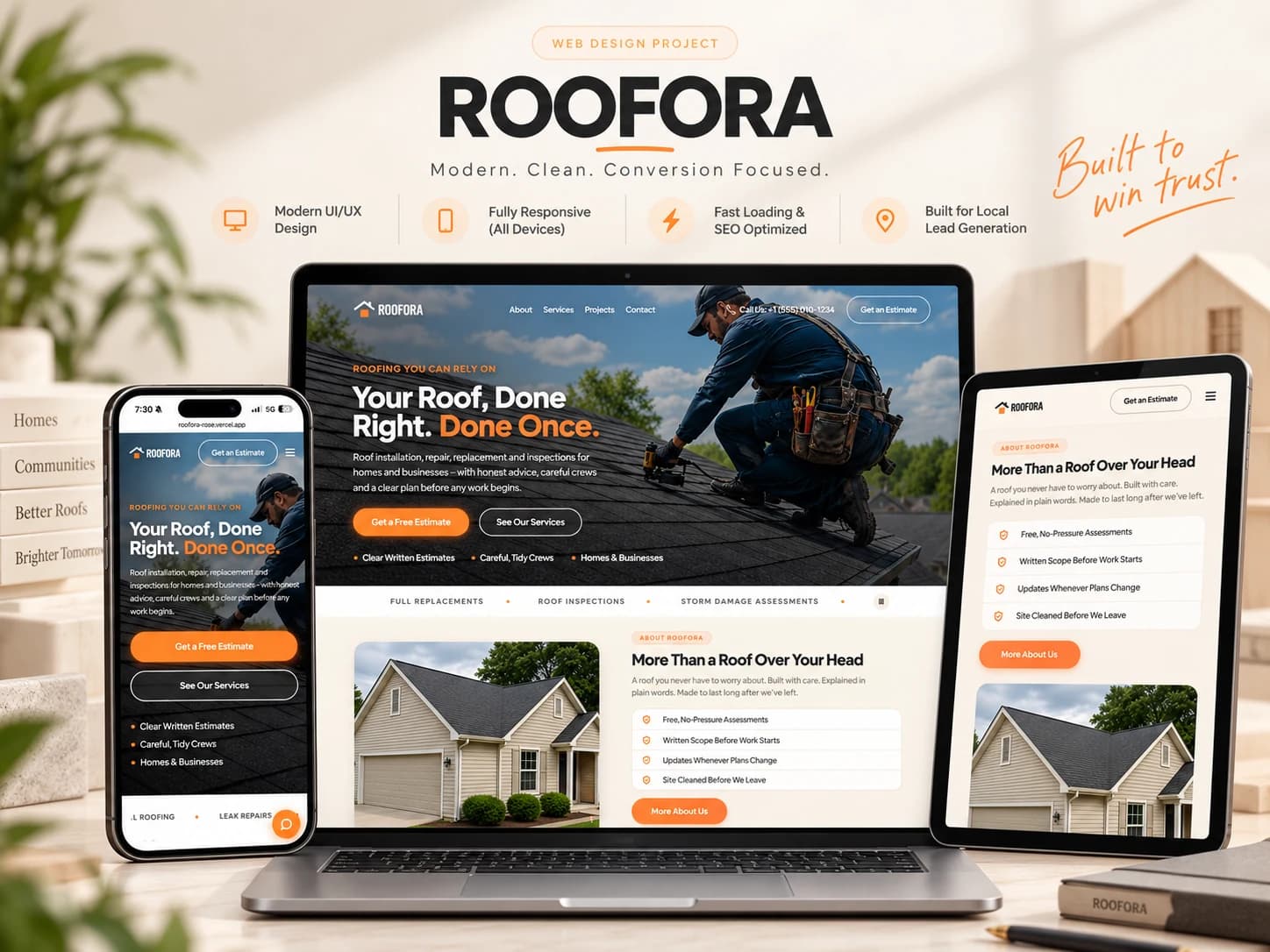 ROOFORA website shown across desktop and mobile screens