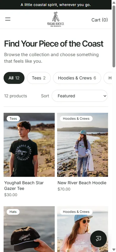 Youghall Beach Co. shop page on mobile
