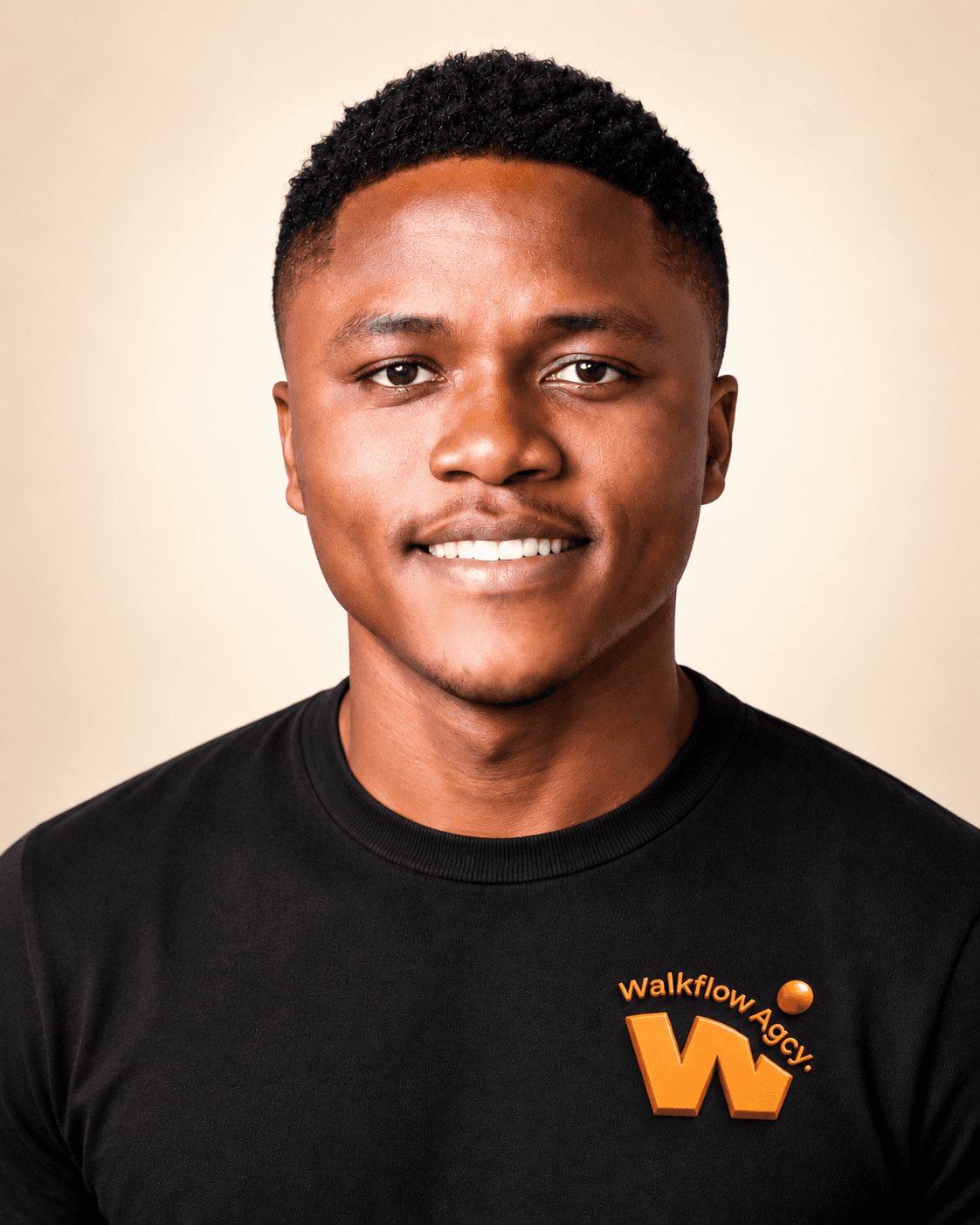 Joshua Ayomide, founder of WALKFLOW, wearing a WALKFLOW-branded t-shirt