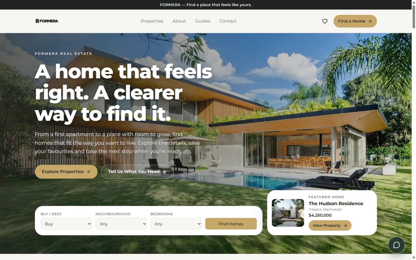 FORMERA homepage hero with a search bar over a featured home